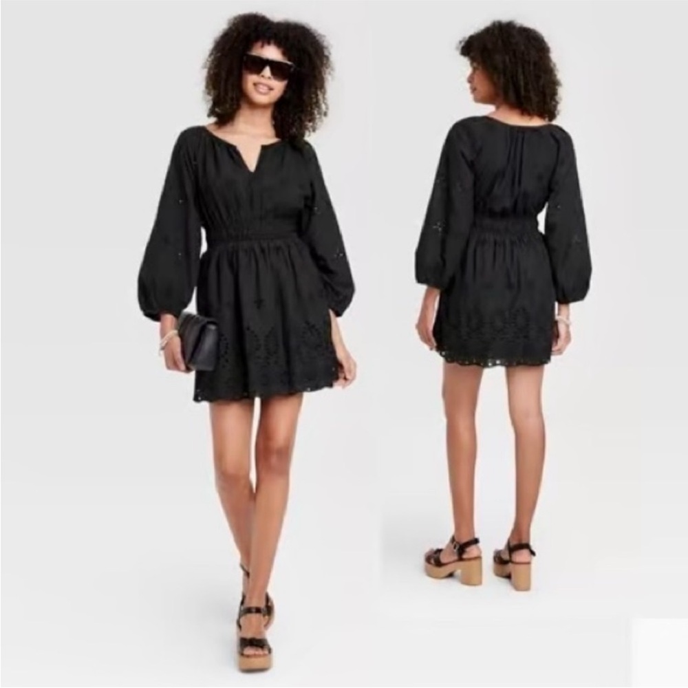 Women's Puff 3/4 Sleeve Eyelet Dress Universal Thread Black Size XS NWT